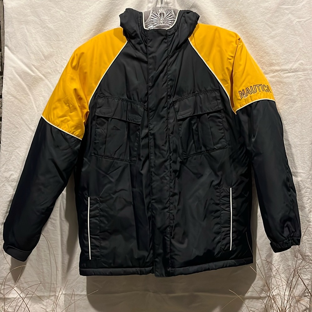 NAUTICA BIG BOY LOGO size 12-14 Hooded zip up w pockets EUC WINTER COAT w detail